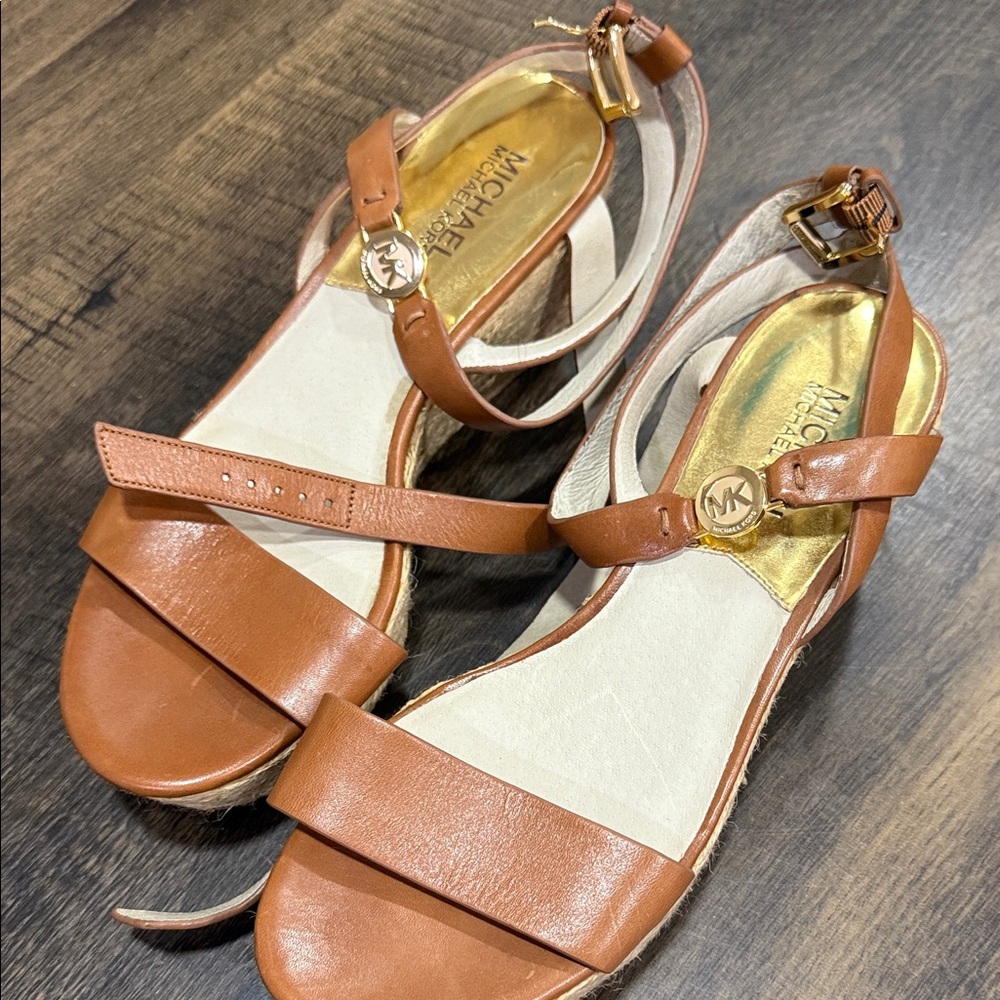 New Michael Kors Brown Leather Sandals with Gold Accents